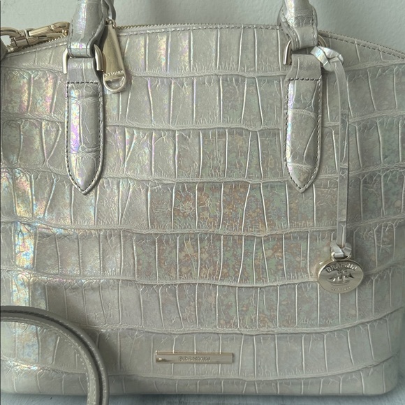 Brahmin Duxbury Leather Croc Embossed Satchel Handbag Pearly Cream Metallic